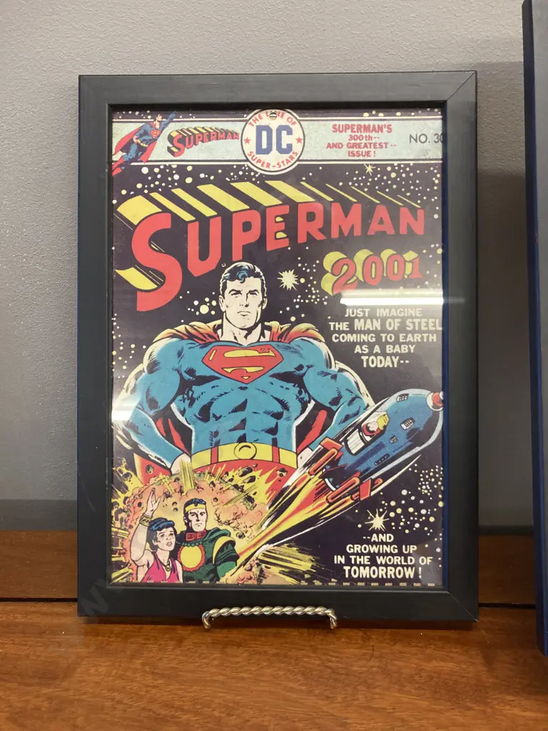 Pair of Framed Superman Comic Book Cover Prints - #1 Superman The Legend Begins & #300 Superman 2001. 32.5 x 24cm Image 1++